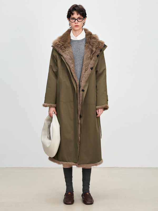 Palton lung din blană de iepure pentru femei, reversibil, căptușit cu blană de iepure, cu guler înalt, Toamnă 2025