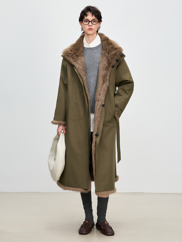 Palton lung din blană de iepure pentru femei, reversibil, căptușit cu blană de iepure, cu guler înalt, Toamnă 2025