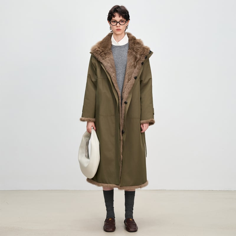 Palton lung din blană de iepure pentru femei, reversibil, căptușit cu blană de iepure, cu guler înalt, Toamnă 2025