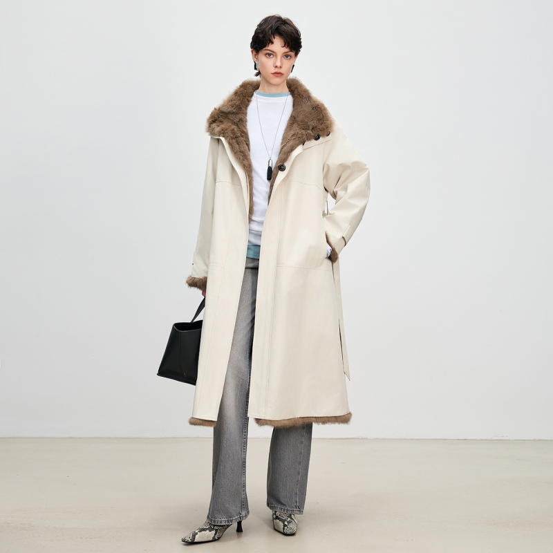 Palton lung din blană de iepure pentru femei, reversibil, căptușit cu blană de iepure, cu guler înalt, Toamnă 2025