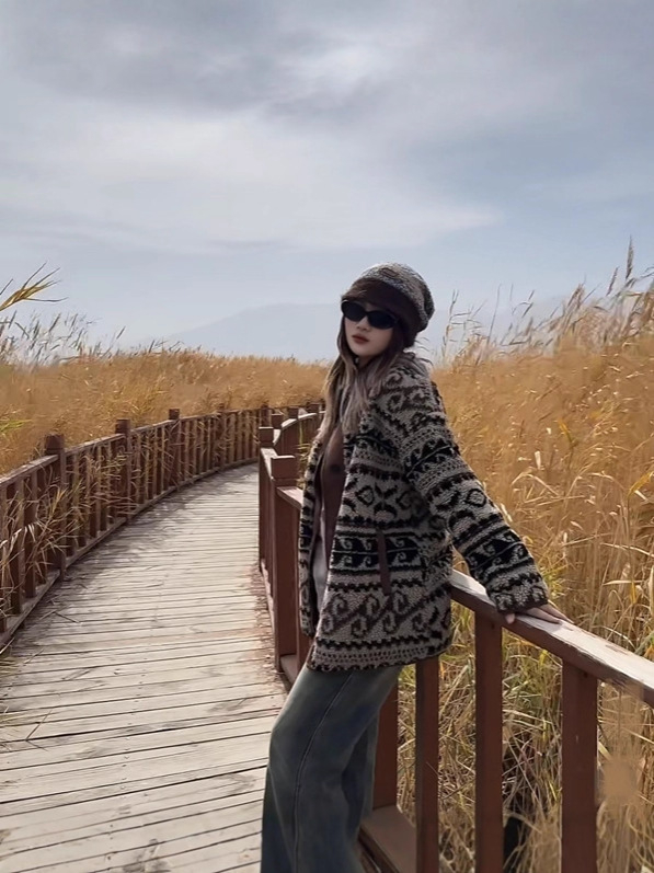 Ženski kaput od umjetnog krzna s podstavom od ovčje vune, Paisley patchwork, ulični stil