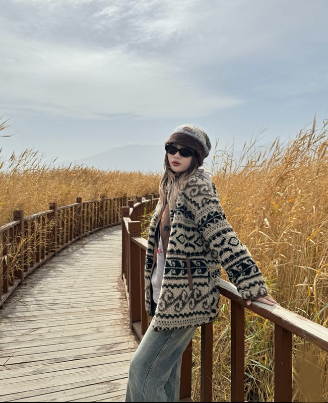 Ženski kaput od umjetnog krzna s podstavom od ovčje vune, Paisley patchwork, ulični stil
