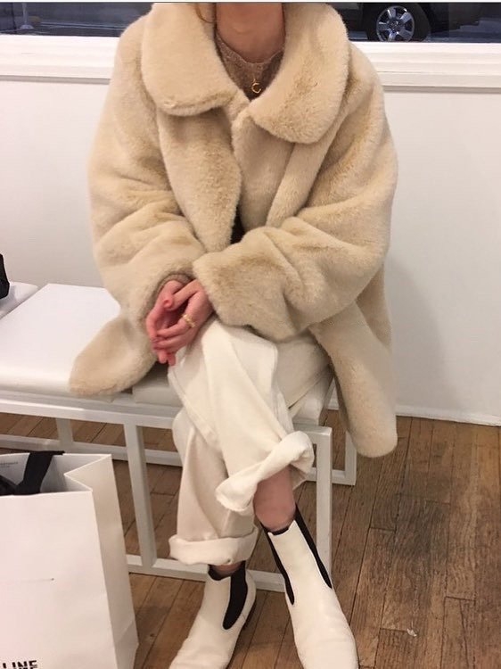 Little White Bear M*Ne kaput od lažne krzna, poliester, s reverom, srednja duljina, ležerni ženski stil