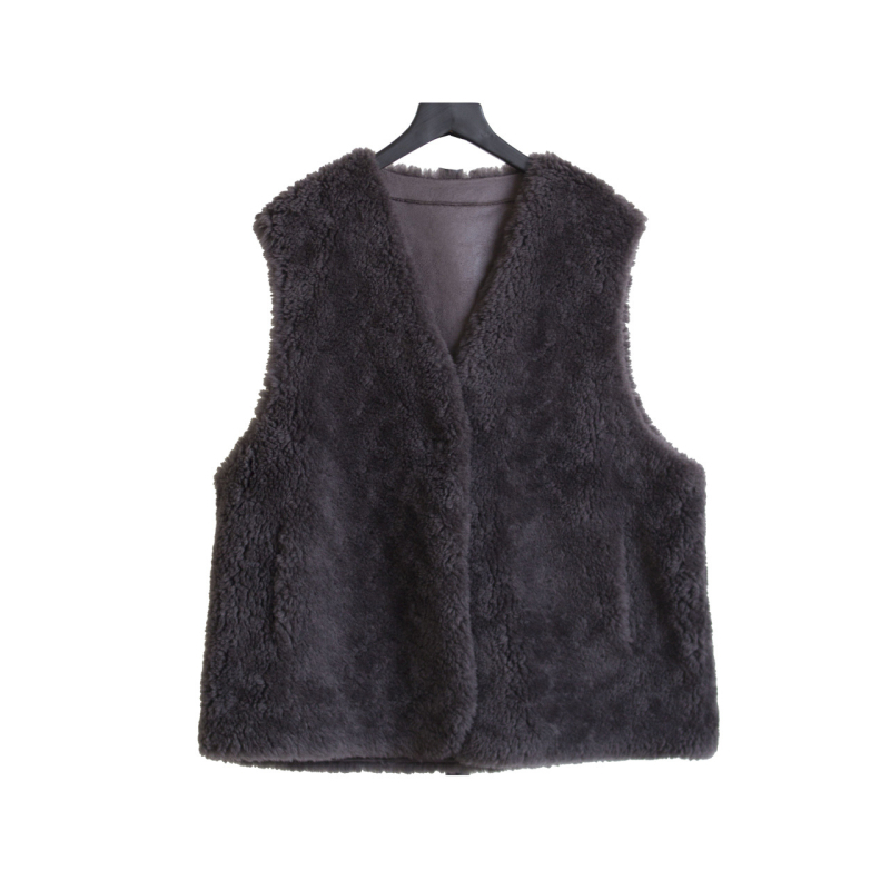 Вълнено палто със шейрлинг смесена козина, безръкав модел, V-образна яка, Зимна колекция 2024