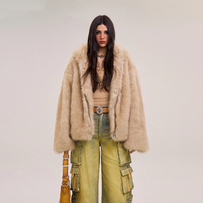 Μπουφάν με κουκούλα από συνθετική γούνα, μακριά μανίκια, ύφασμα πολυεστέρα 95%+, χειμώνας 2025, για ενήλικες γυναίκες