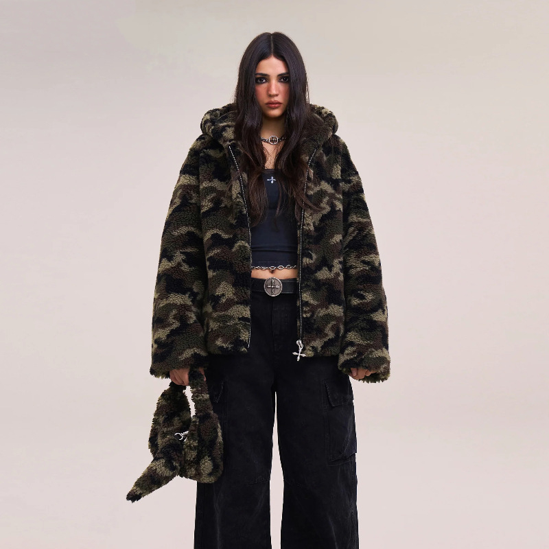 Μπουφάν με κουκούλα από συνθετική γούνα, μακριά μανίκια, ύφασμα πολυεστέρα 95%+, χειμώνας 2025, για ενήλικες γυναίκες