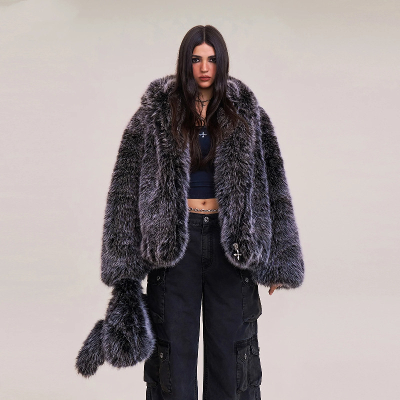 Μπουφάν με κουκούλα από συνθετική γούνα, μακριά μανίκια, ύφασμα πολυεστέρα 95%+, χειμώνας 2025, για ενήλικες γυναίκες