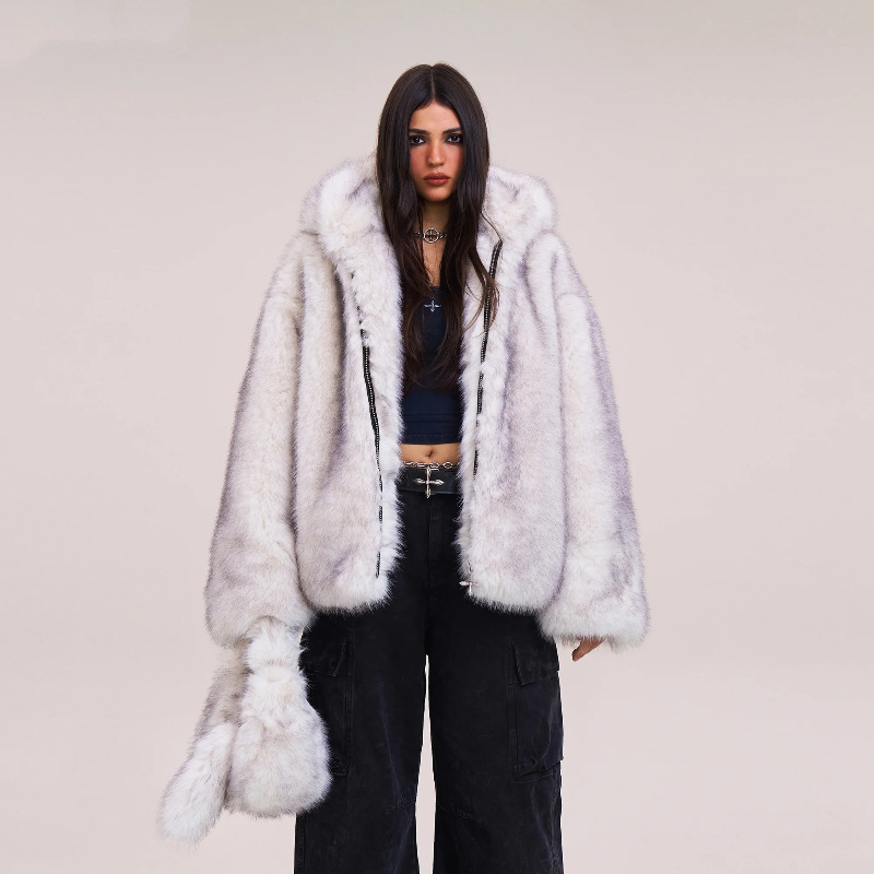Μπουφάν με κουκούλα από συνθετική γούνα, μακριά μανίκια, ύφασμα πολυεστέρα 95%+, χειμώνας 2025, για ενήλικες γυναίκες