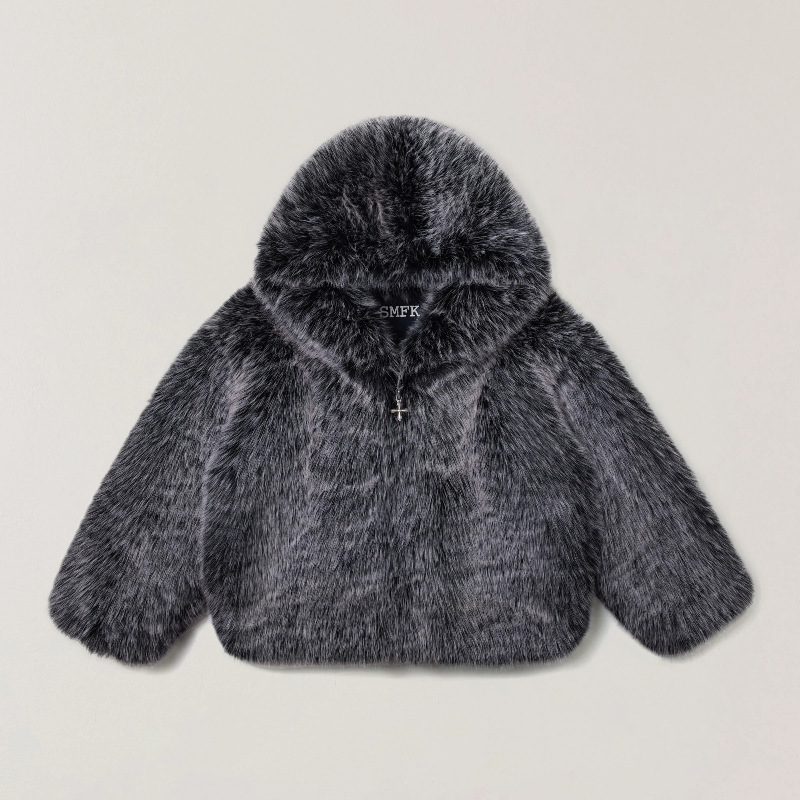Μπουφάν με κουκούλα από συνθετική γούνα, μακριά μανίκια, ύφασμα πολυεστέρα 95%+, χειμώνας 2025, για ενήλικες γυναίκες
