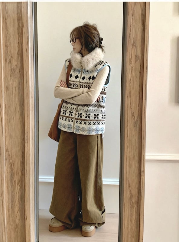 Fair Isle vest bez rukava s krznenim ovratnikom, zima 2025, retro stil, za žene, 91409