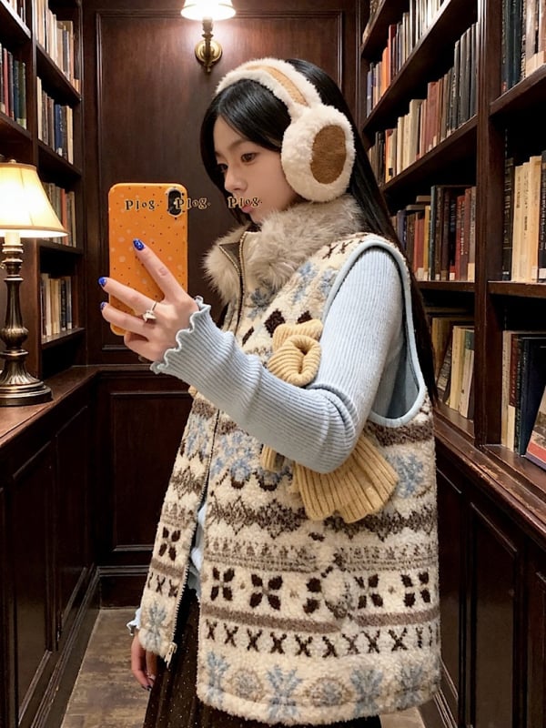 Fair Isle vest bez rukava s krznenim ovratnikom, zima 2025, retro stil, za žene, 91409