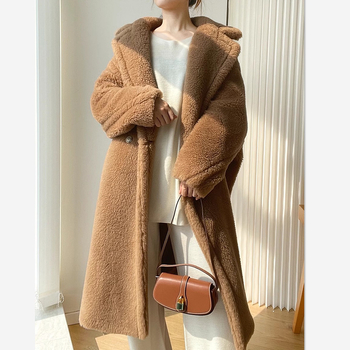 Ženski Teddy Bear kaput od krzna, dugačak, chenille s elastanom, ovratnik Polo, stil Royal Sister Wind