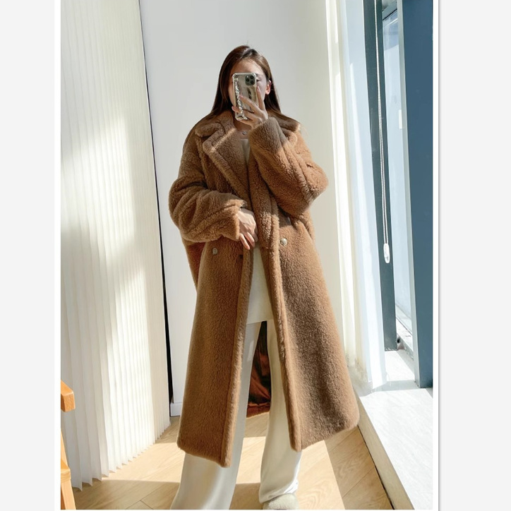 Ženski Teddy Bear kaput od krzna, dugačak, chenille s elastanom, ovratnik Polo, stil Royal Sister Wind