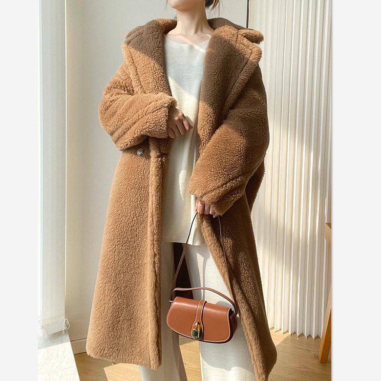 Ženski Teddy Bear kaput od krzna, dugačak, chenille s elastanom, ovratnik Polo, stil Royal Sister Wind