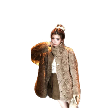 Palton de blană sintetică pentru femei, cu guler înalt, mâneci lungi, lungime 50–65 cm, poliester.