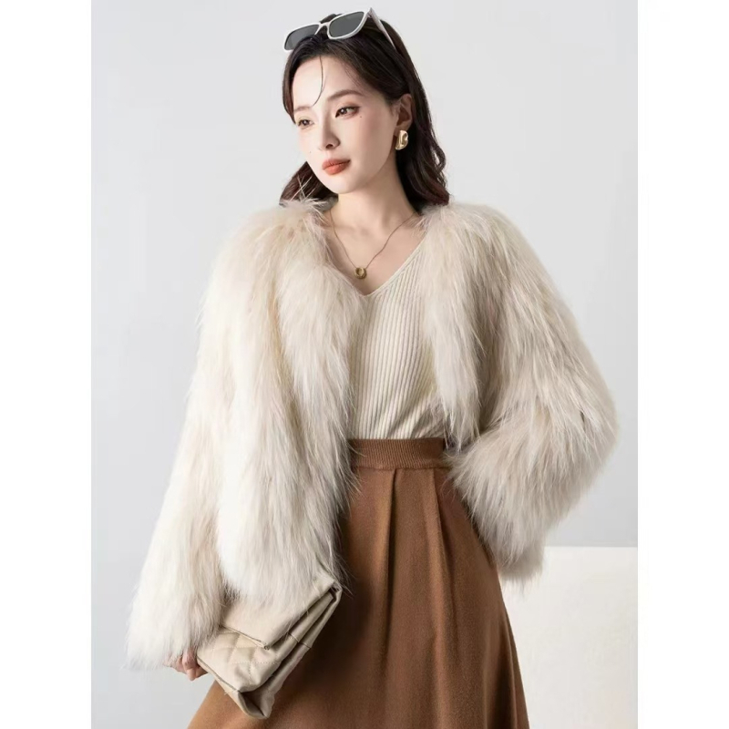 Γνήσιο παλτό από γούνα ρακούν, υφαντή γούνα, γυναικείο, V-λαιμό, μακριά μανίκια, μήκος 50–65 cm, Χειμώνας 2025