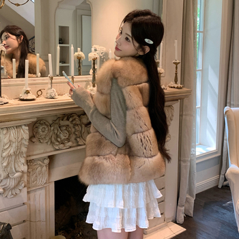 Női hosszú szőrme mellény, 100 cm+ hosszúság, kerek nyakú, hosszú ujjú, városi elegáns stílus, anyag: akril- és poliészterrost