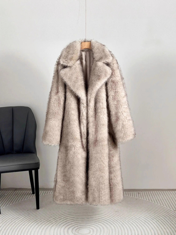 Palton lung din blană artificială pentru femei, guler stil costum, lungime 80–100 cm, colecția Toamnă 2025, mâneci lungi