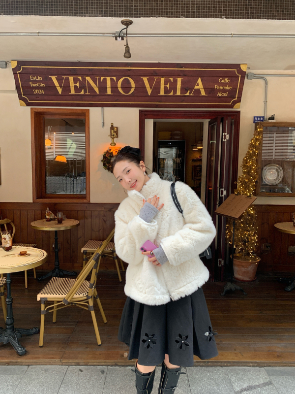 Palton scurt pentru femei, cu blană căptușită, guler înalt, Iarnă 2025, material poliester, model F7155