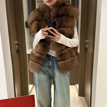 Vesta de blană pentru femei, fără mâneci, cu guler înalt, stil coreean, lungime medie 50–65 cm