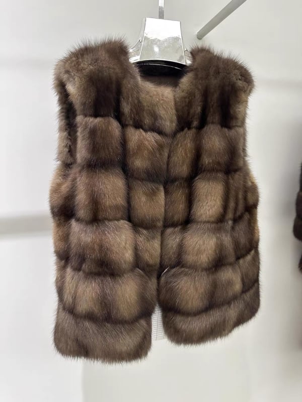 Vesta de blană pentru femei, fără mâneci, cu guler înalt, stil coreean, lungime medie 50–65 cm