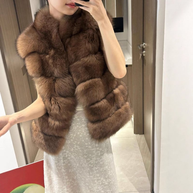 Vesta de blană pentru femei, fără mâneci, cu guler înalt, stil coreean, lungime medie 50–65 cm