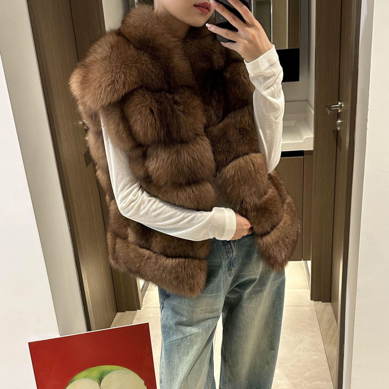 Vesta de blană pentru femei, fără mâneci, cu guler înalt, stil coreean, lungime medie 50–65 cm