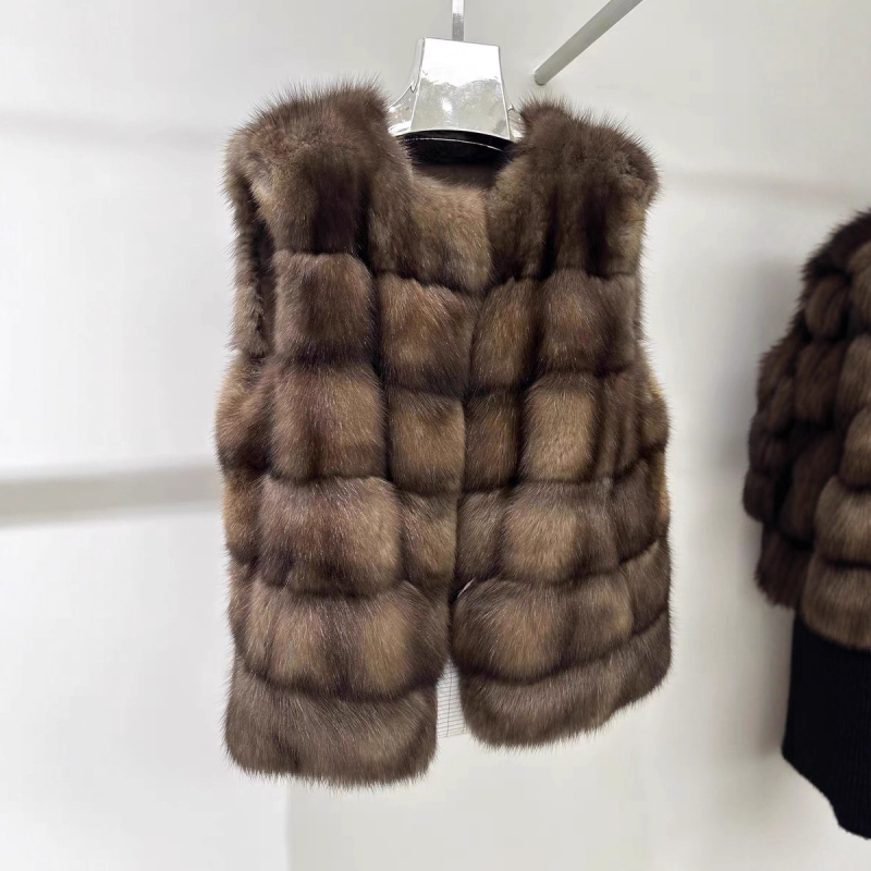 Vesta de blană pentru femei, fără mâneci, cu guler înalt, stil coreean, lungime medie 50–65 cm