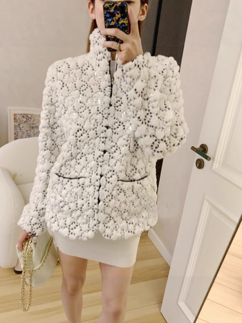 Palto din blană artificială cu paiete, stil Xiaoxiangfeng, guler stand, mâneci lungi, lungime medie