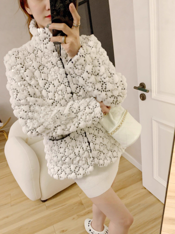 Palto din blană artificială cu paiete, stil Xiaoxiangfeng, guler stand, mâneci lungi, lungime medie