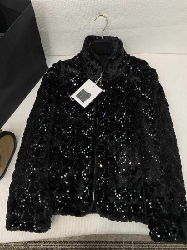 Palto din blană artificială cu paiete, stil Xiaoxiangfeng, guler stand, mâneci lungi, lungime medie