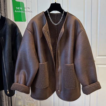 Palton femei din lână cu insertii de blană, fermoar, material acrilic, croială lungă, guler rotund