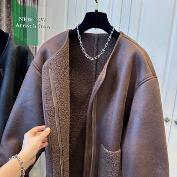 Palton femei din lână cu insertii de blană, fermoar, material acrilic, croială lungă, guler rotund