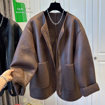 Palton femei din lână cu insertii de blană, fermoar, material acrilic, croială lungă, guler rotund