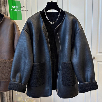 Palton femei din lână cu insertii de blană, fermoar, material acrilic, croială lungă, guler rotund