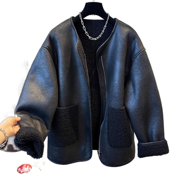 Palton femei din lână cu insertii de blană, fermoar, material acrilic, croială lungă, guler rotund