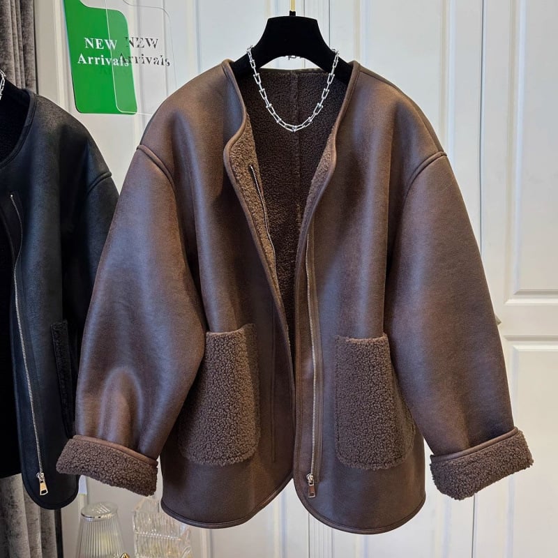 Palton femei din lână cu insertii de blană, fermoar, material acrilic, croială lungă, guler rotund