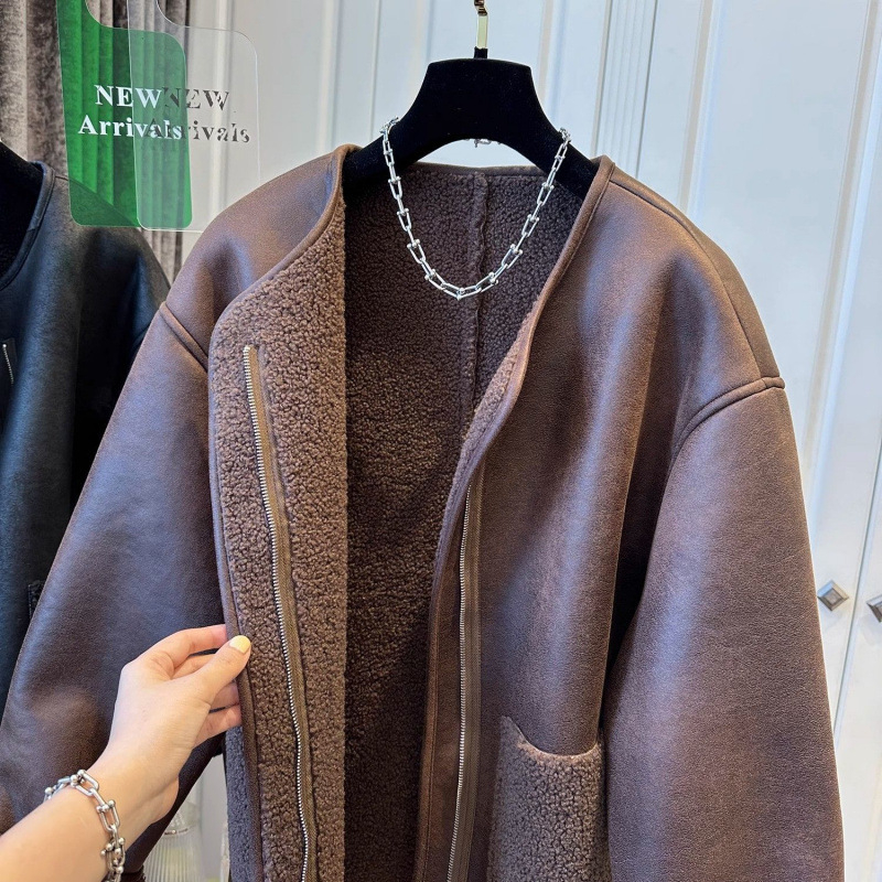 Palton femei din lână cu insertii de blană, fermoar, material acrilic, croială lungă, guler rotund