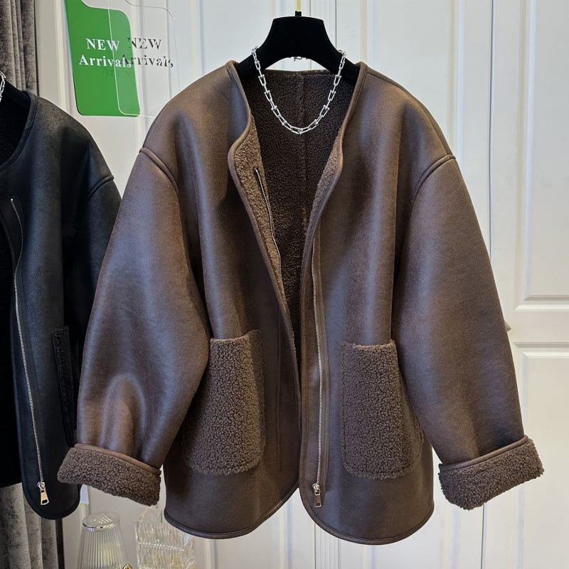 Palton femei din lână cu insertii de blană, fermoar, material acrilic, croială lungă, guler rotund