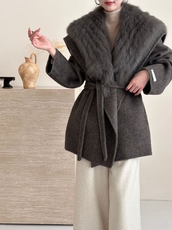 Palton din lână pentru femei, cu guler rever, închidere cu șnur în față, mâneci căzute, lungime medie, croială lejeră