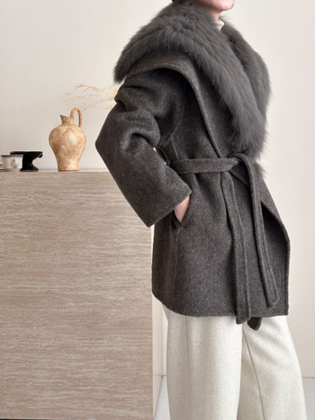 Palton din lână pentru femei, cu guler rever, închidere cu șnur în față, mâneci căzute, lungime medie, croială lejeră