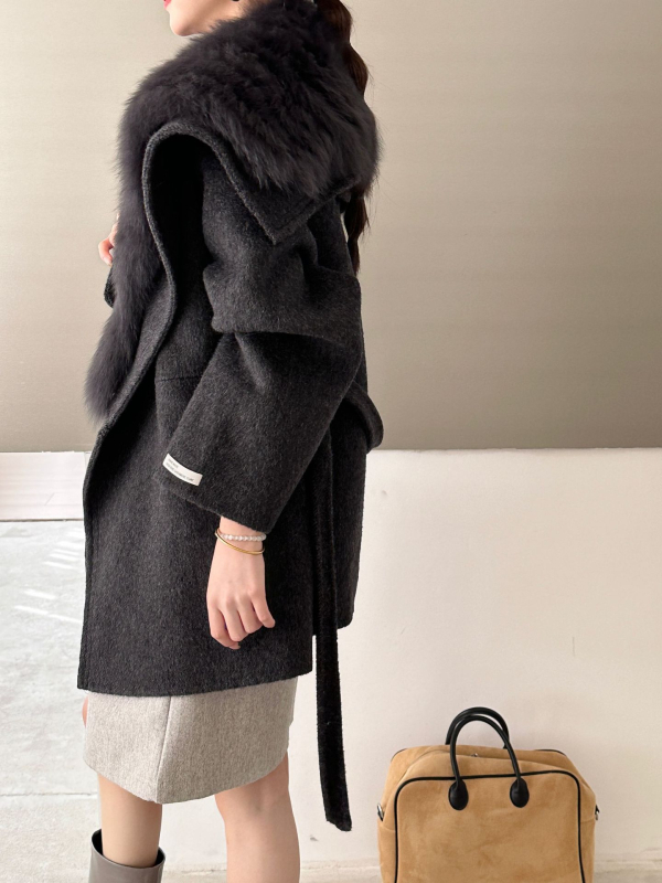 Palton din lână pentru femei, cu guler rever, închidere cu șnur în față, mâneci căzute, lungime medie, croială lejeră