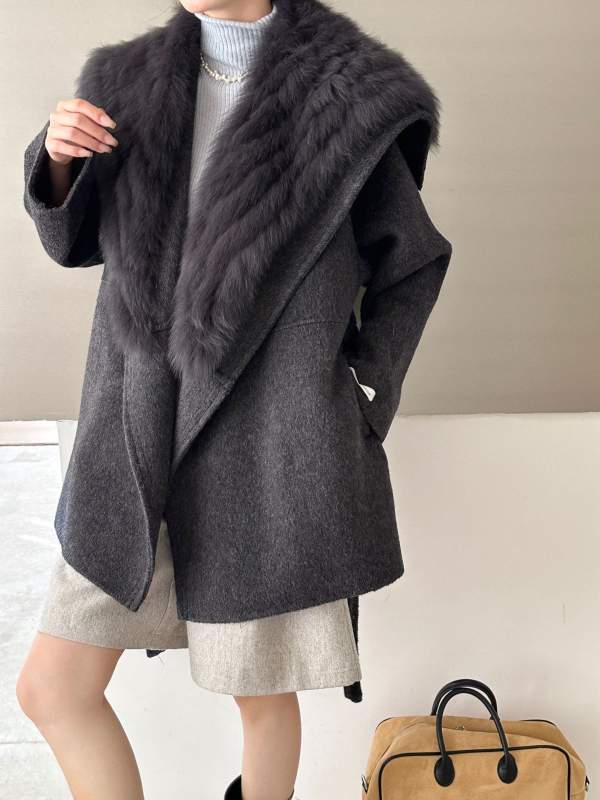 Palton din lână pentru femei, cu guler rever, închidere cu șnur în față, mâneci căzute, lungime medie, croială lejeră