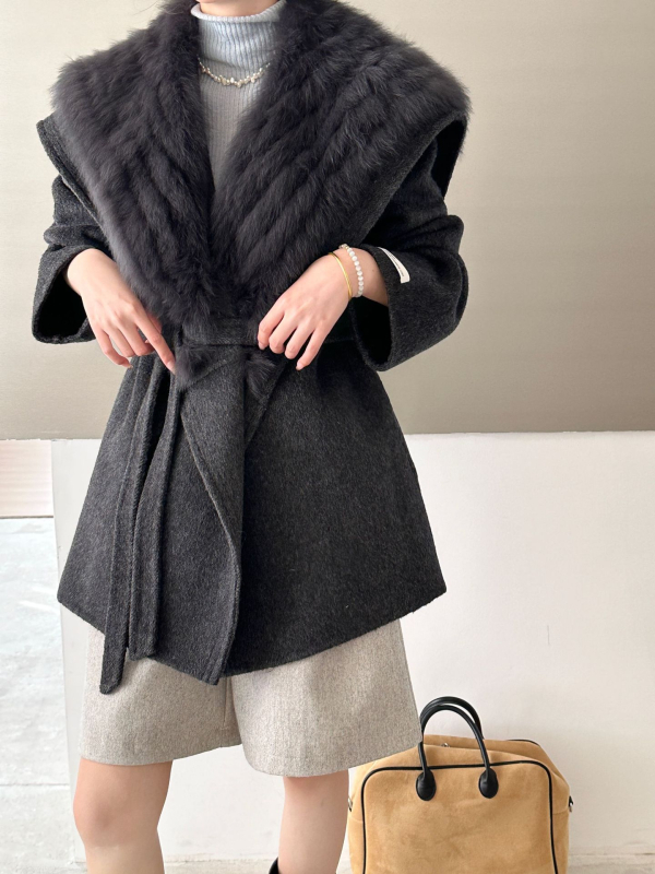 Palton din lână pentru femei, cu guler rever, închidere cu șnur în față, mâneci căzute, lungime medie, croială lejeră