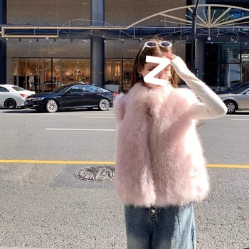 Vesta din blană de vulpe pentru femei, lungime ultra scurtă până la 40 cm, guler înalt, țesătură chenille cu spandex, primăvara 2025