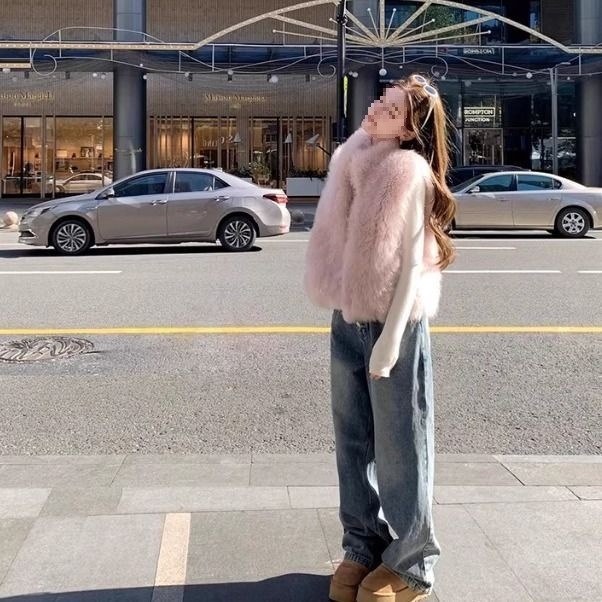 Vesta din blană de vulpe pentru femei, lungime ultra scurtă până la 40 cm, guler înalt, țesătură chenille cu spandex, primăvara 2025