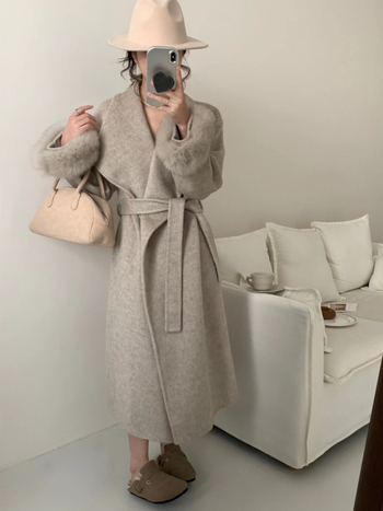 Palton de lână pentru femei, dublu fațetat, două lungimi, rever mare, curea, croială lejeră, lungime medie 65–80 cm