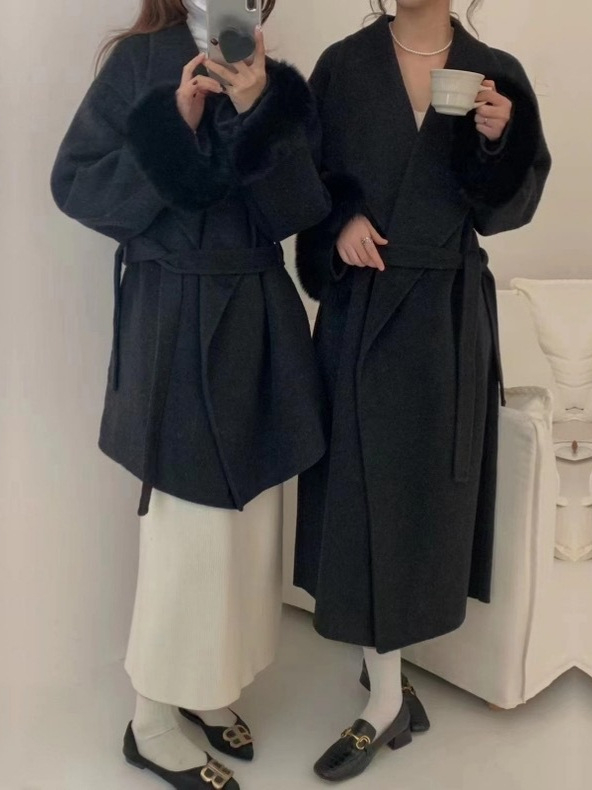 Palton de lână pentru femei, dublu fațetat, două lungimi, rever mare, curea, croială lejeră, lungime medie 65–80 cm