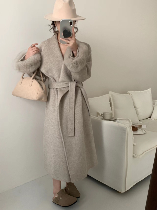 Palton de lână pentru femei, dublu fațetat, două lungimi, rever mare, curea, croială lejeră, lungime medie 65–80 cm