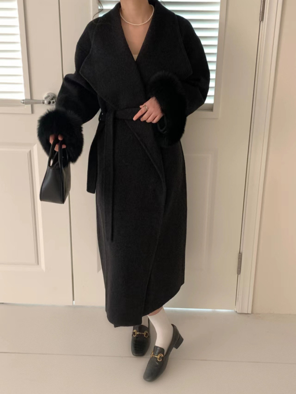 Palton de lână pentru femei, dublu fațetat, două lungimi, rever mare, curea, croială lejeră, lungime medie 65–80 cm